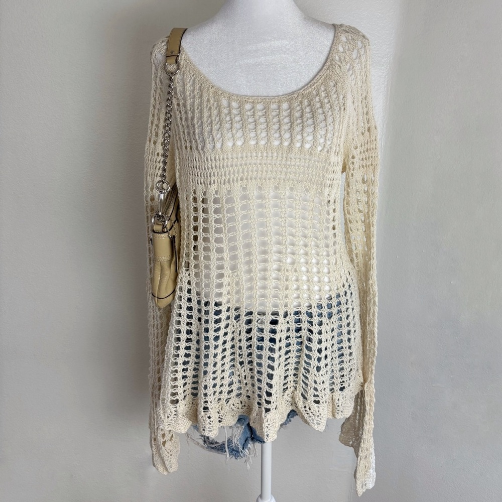 Free People Cream Crochet Knit Bell Sleeve Sweater Top M